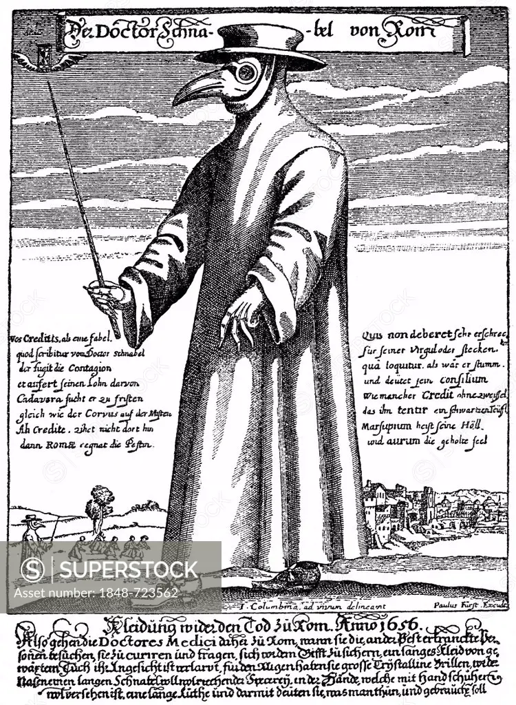 Historical illustration from the 19th Century, Plague Doctor, Doctor Schnabel of Rome, 1656, a doctor wearing a beak mask with herbs and carrying a st...