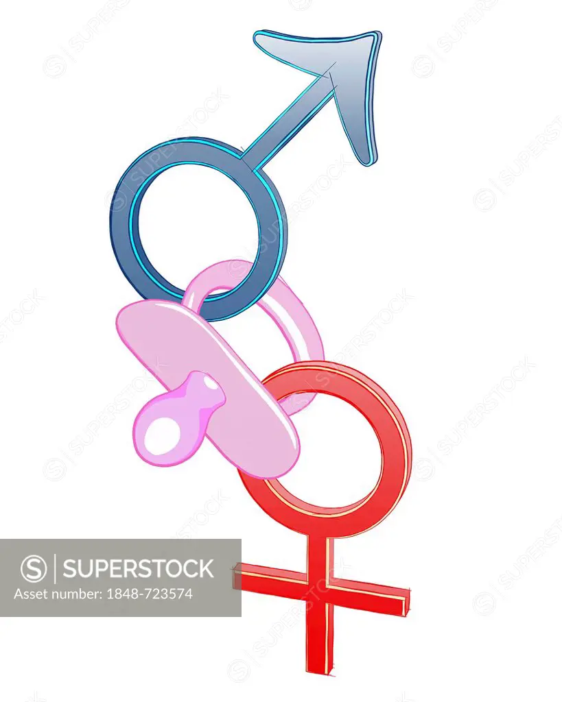 Pacifier connecting a Mars and a Venus symbol, illustration, symbolic image for a family with a child