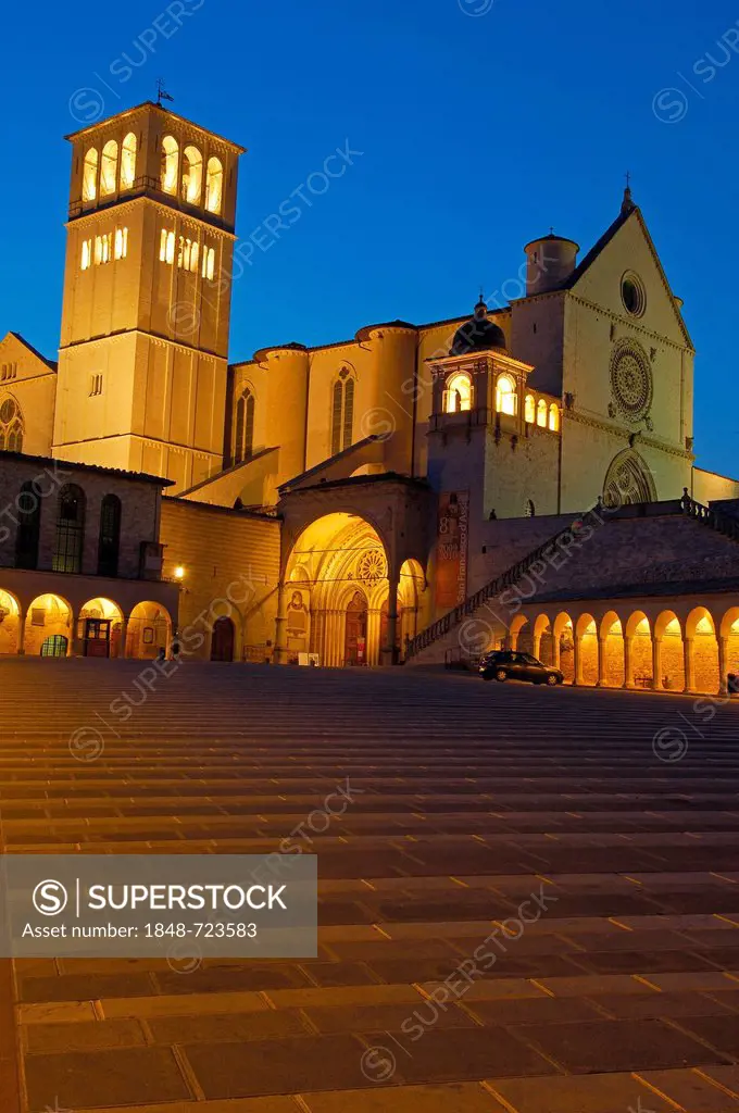 Basilica di San Francesco, Basilica of Saint Francis, at dusk, UNESCO World Heritage site, Assisi, Perugia province, Umbria, Italy, Europe
