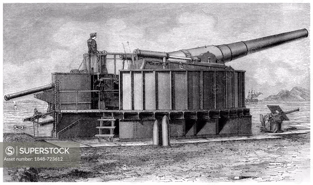 Historical illustration from the 19th Century, depiction of a German cannon from Krupp