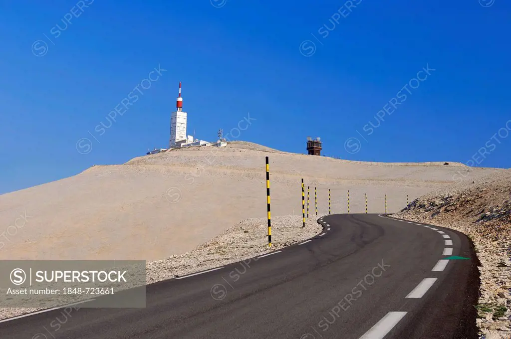 Road to the summit of Mont Ventoux and the tower of the weather station, Vaucluse, Provence-Alpes-Cote d'Azur, Southern France, France, Europe, Public...