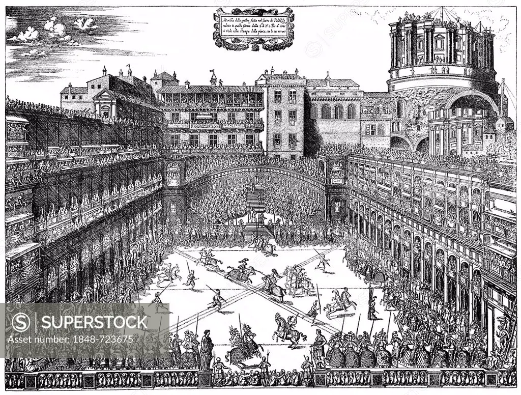 Historical illustration from the 19th Century, magnificent tournament in the court of the Papal Palace of Pius IV or Giovanni Angelo Medici, 1499 - 15...
