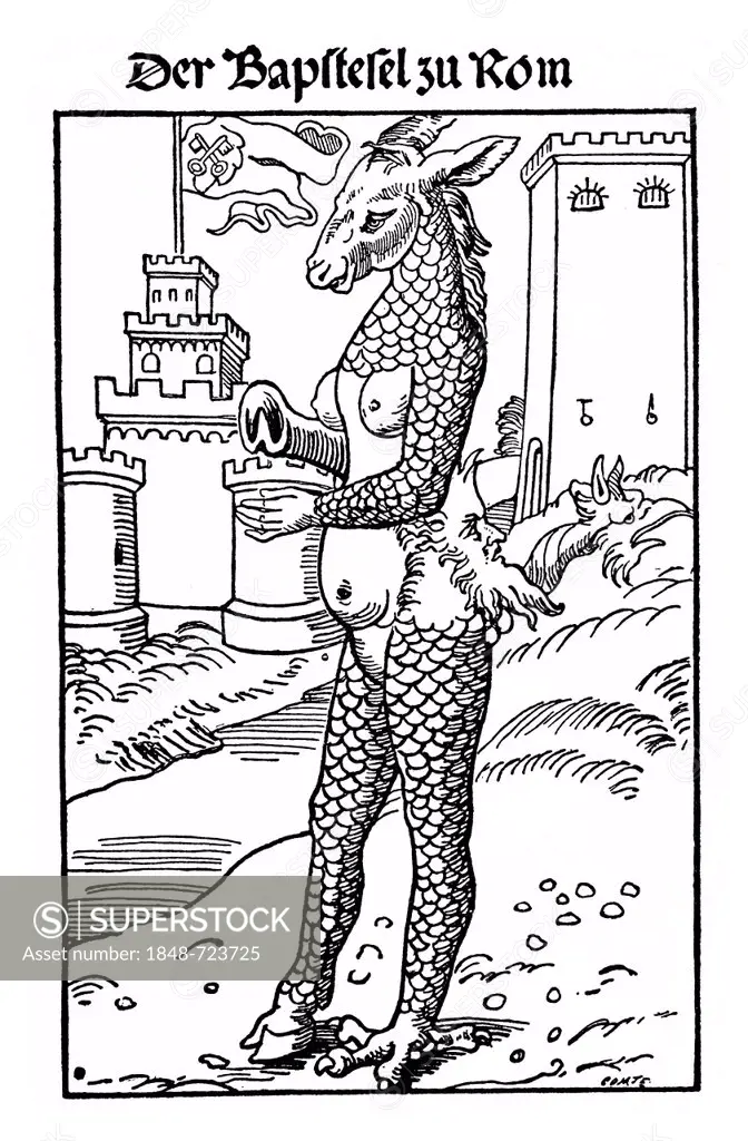 Satirical pamphlet from the 16th Century, the Pope Donkey, a caricature of the Papacy