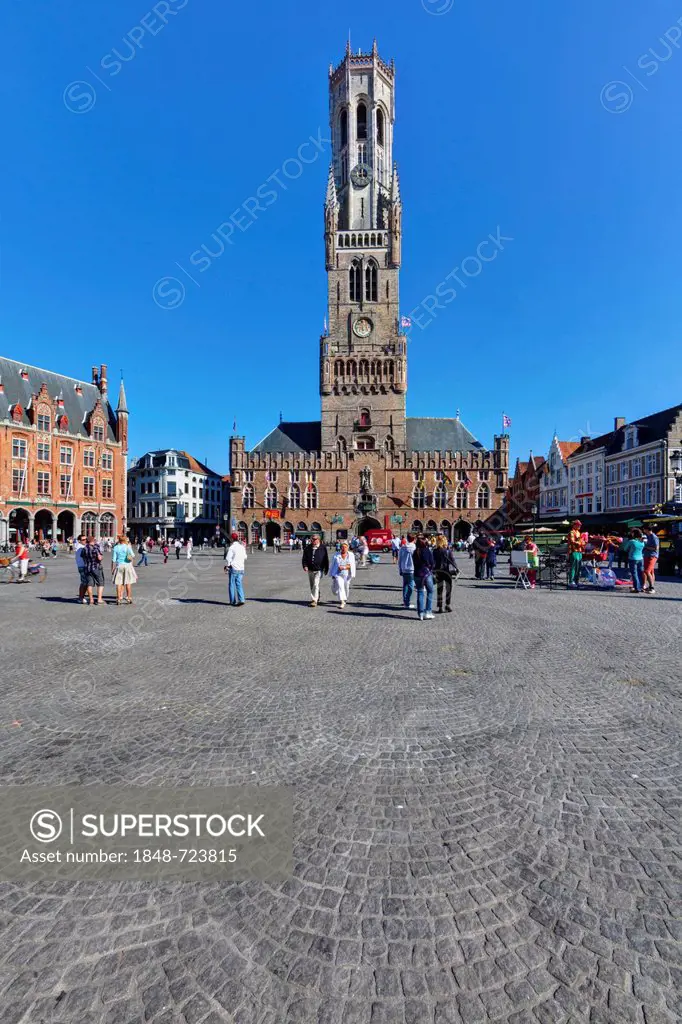 Belfort belfry or bell tower, Grote Markt market square, historic town centre of Bruges, UNESCO World Heritage Site, West Flanders, Flemish Region, Be...