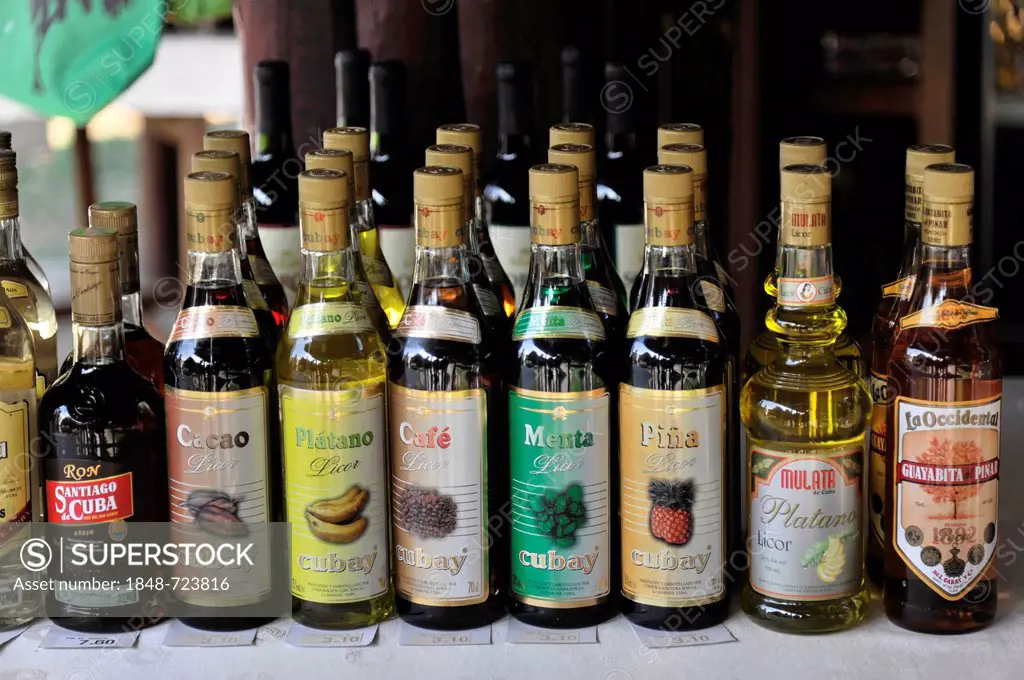 Rum and liquor bottles, Vinales, Valle de Vinales, Province of Pinar del Rio, Cuba, Greater Antilles, Caribbean, Central America, America