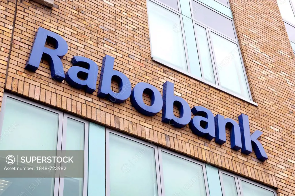 Logo on a branch of the Dutch cooperative bank Rabobank in Dublin, Ireland, Europe