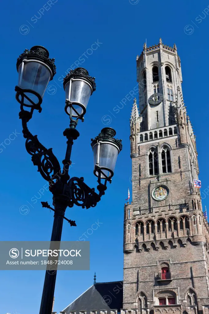 Belfort belfry or bell tower, Grote Markt market square, historic town centre of Bruges, UNESCO World Heritage Site, West Flanders, Flemish Region, Be...