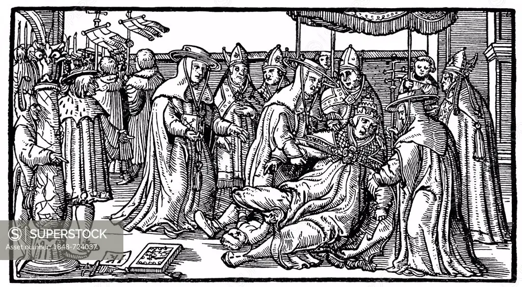 Historical illustration from the 19th Century, depiction of the birth of Pope Joan after a woodcut from the 14th Century