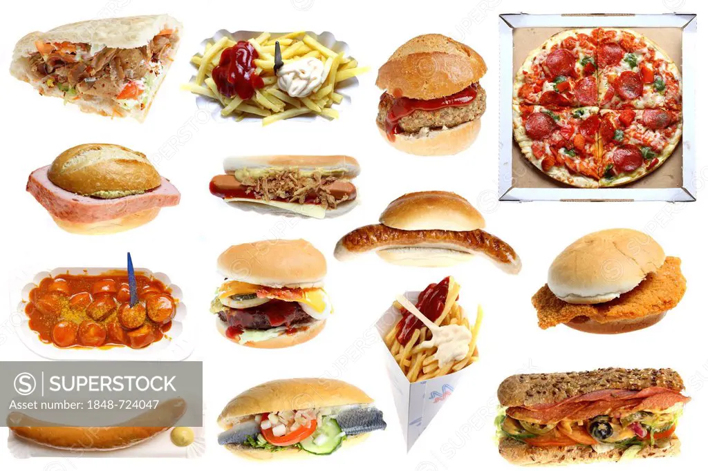 Various fast-food meals, hamburgers, sausages, french fries, pizza, doner kebab, hot dogs, schnitzel sandwiches, sausage with curry powder, fish rolls