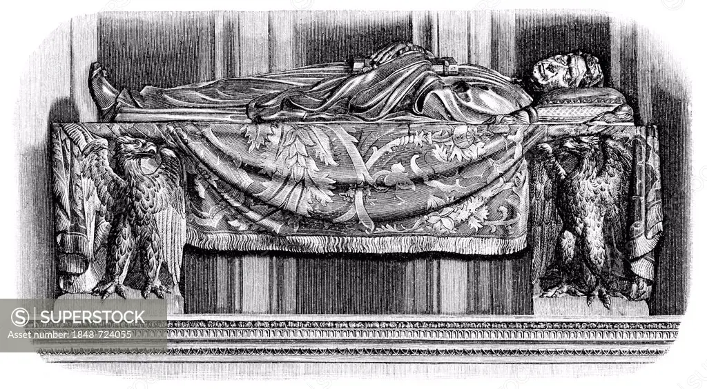 Historical illustration from the 19th Century, the tomb in the Church of Santa Croce of Leonardo Bruni, 1369 - 1444, an Italian humanist and chancello...