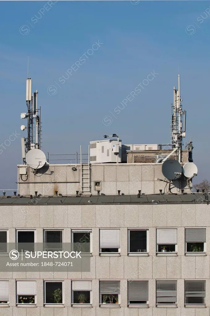 Cellular transmitters on office building, Cologne, North Rhine-Westphalia, Germany, Europe