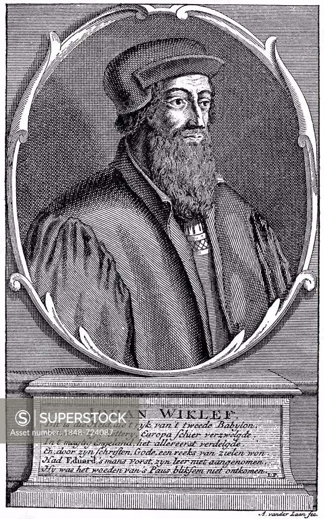 Portrait of John Wyclif, Wycliff, Wiclef, Wicliffe or Wickliffe, Doctor evangelicus, 1330 - 1384, an English philosopher, theologian and church reform...