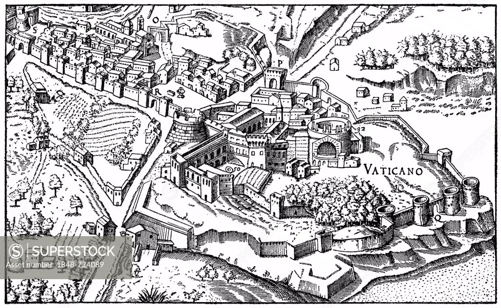 Historical illustration from the 19th Century, the Vatican in the 16th Century
