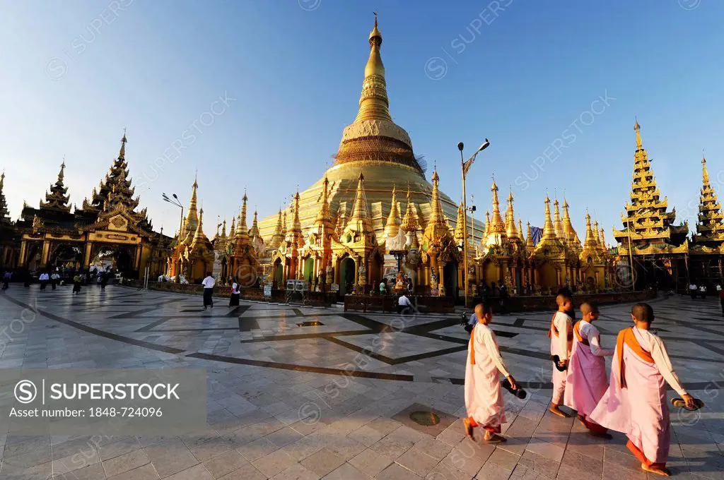 Nuns and tourists in front of the Shwedagon Pagoda in Yangon, Myanmar, Burma, Southeast Asia, Asia