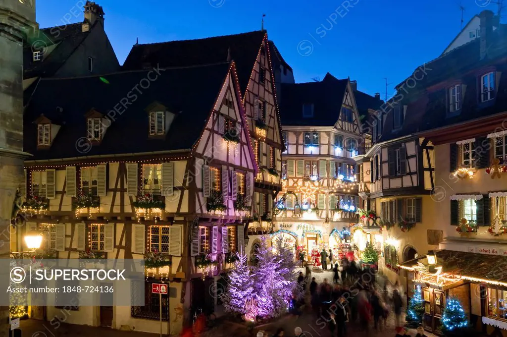 Dusk, Christmassy and wintery Colmar, Alsace, France, Europe