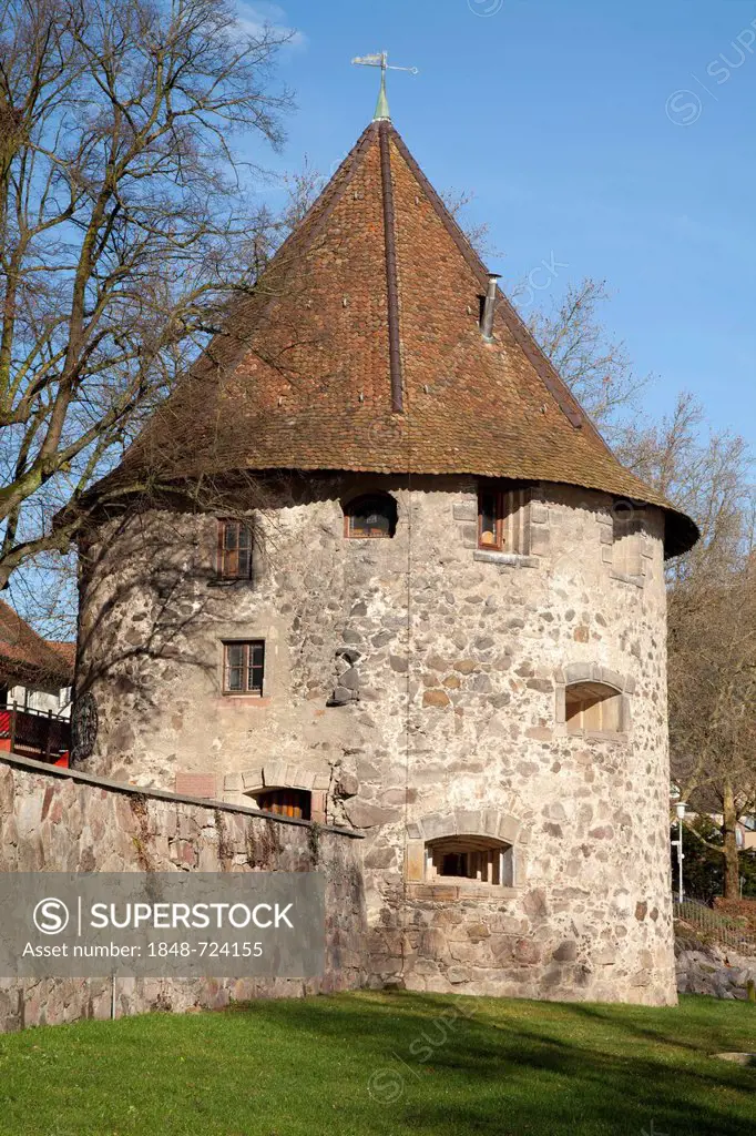 Gallus Tower on the bank of the Rhine River, Bad Saeckingen, Waldshut district, Upper Rhine, Black Forest, Baden-Wuerttemberg, Germany, Europe, Public...