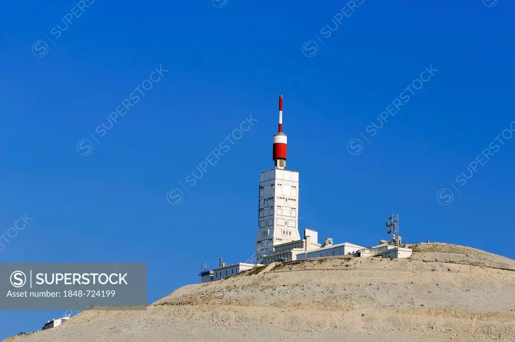 Tower of the weather station on the summit of Mont Ventoux, Vaucluse, Provence-Alpes-Cote d'Azur, Southern France, France, Europe, PublicGround