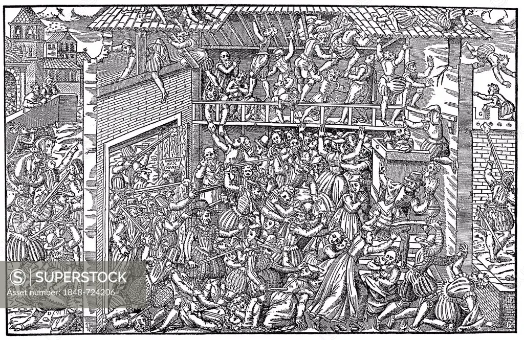 Historical illustration from the 19th Century, depiction of the Massacre of St. Bartholomew's Eve or the Parisian Blood Wedding, 1572, where by order ...