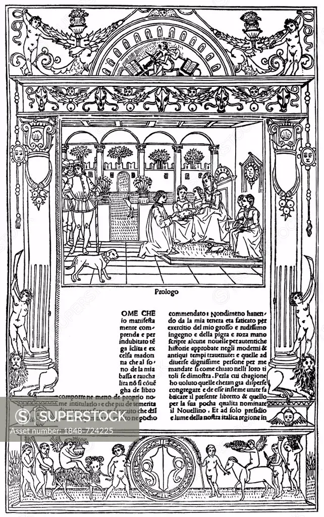 Historical illustration from the 19th Century, the first page of Novellino, Renaissance novellas from Naples and southern Italy by Masuccio Salernitan...