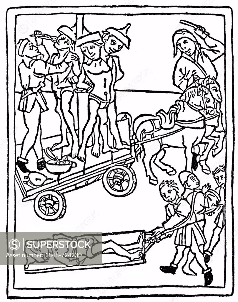 Historical illustration from the 19th century, torture of the Jews, wearing Jewish hats, after a woodcut from 1475, example of Christian anti-Judaism ...