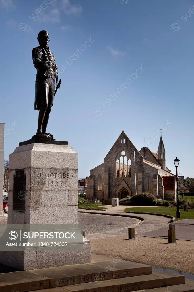 Statue of Horatio Nelson in Old Portsmouth in front of the Royal Garrison Church, in Old Portsmouth, Hampshire, England, United Kingdom, Europe