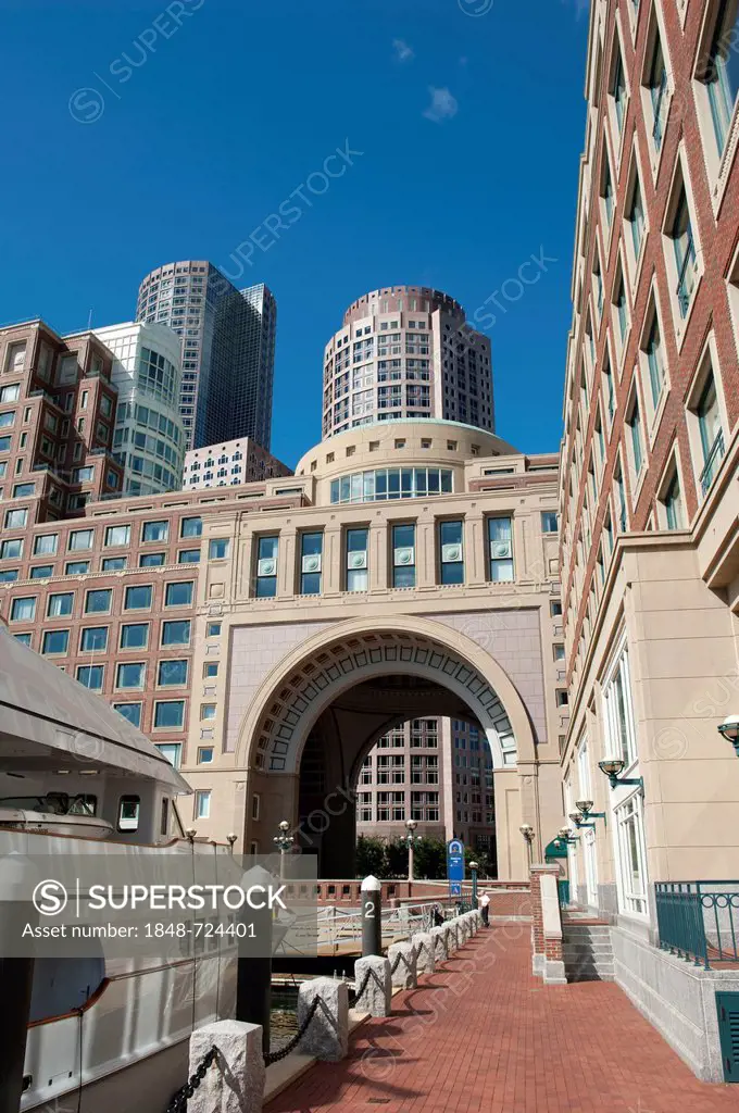 High-rise towers, Financial District, large gate at Rowes Wharf, Harborwalk, Boston, Massachusetts, New England, USA, North America, America