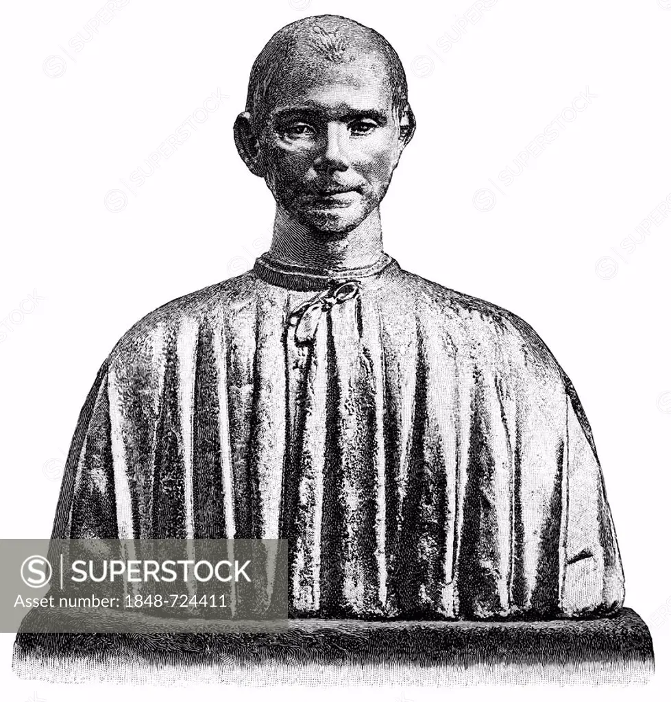 Historical illustration from the 19th century, bust of Niccolò di Bernardo dei Machiavelli, 1469 - 1527, an Italian politician, diplomat, philosopher,...