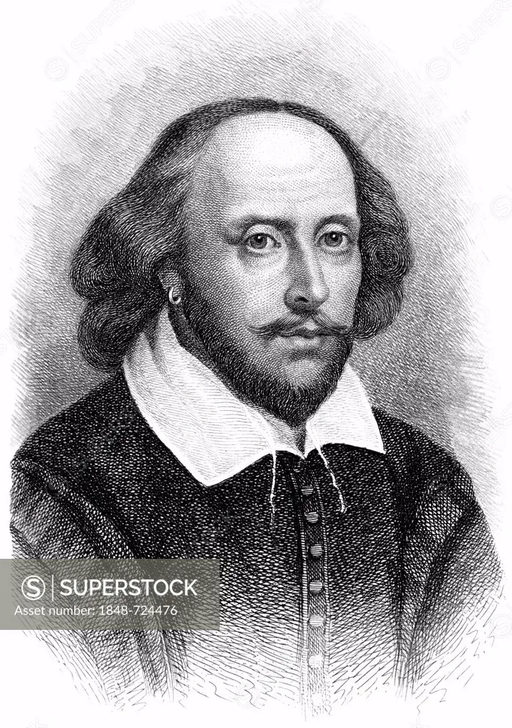 Historical engraving, portrait of William Shakespeare, 1564 - 1616, an English playwright, poet and actor