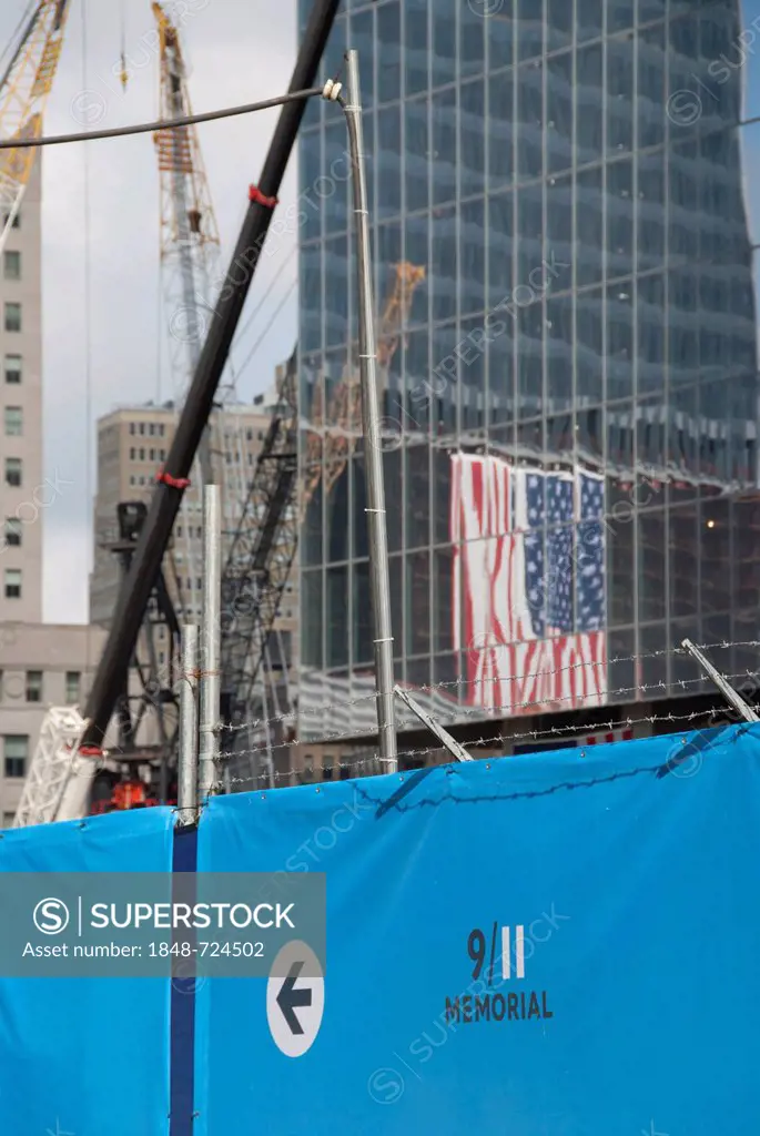 Construction site, reflection of an American flag, 9-11 Memorial, Ground Zero, New York City, USA, North America, America