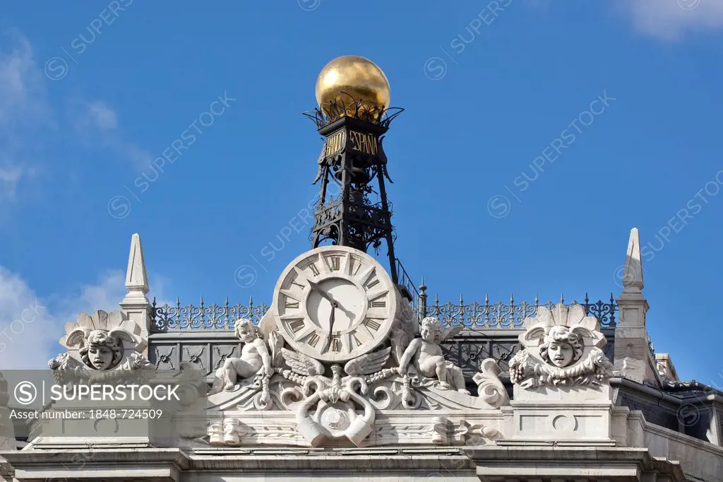 Detail of the roof of the Central Bank of Spain, Banco de Espana, on Plaza de la Cibeles square, Madrid, Spain, Europe