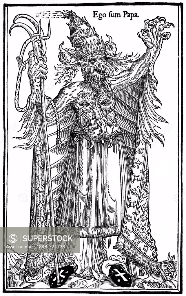 Historical illustration from the 19th Century, anti-Catholic caricature of Pope Alexander VI, depicting the pope as a devil, Ego sum Papa, I am the Po...