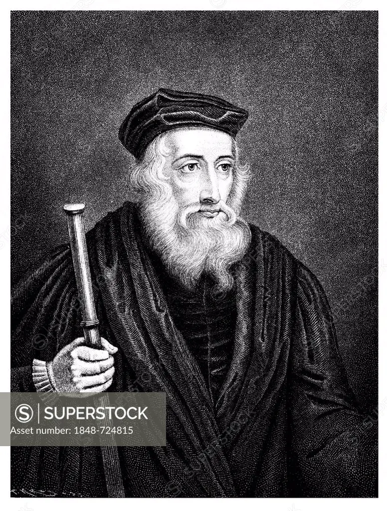 Historical drawing from the 19th Century, portrait of John Wycliffe or Wyclif, Wycliff, Wiclef, Wicliffe, or Wickliffe known as Doctor evangelicus, 13...