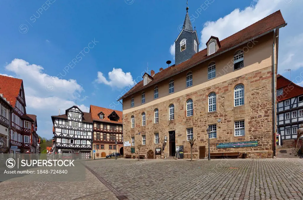Marketplace and town hall of the medieval town with half-timbered buildings, Spangenberg, Schwalm Eder district, Hesse, Germany, Europe, PublicGround