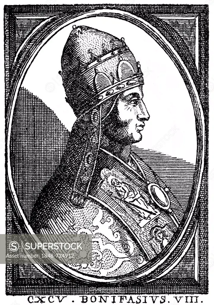 Historical illustration from the 19th Century, Boniface VIII or Benedetto Caetani, 1235 - 1303, Pope from 1294 - 1303