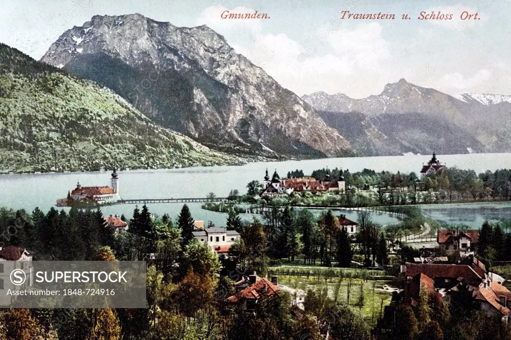 Traunsee Lake with Schloss Orth Castle, Upper Austria, Austria, historical postcard, circa 1900