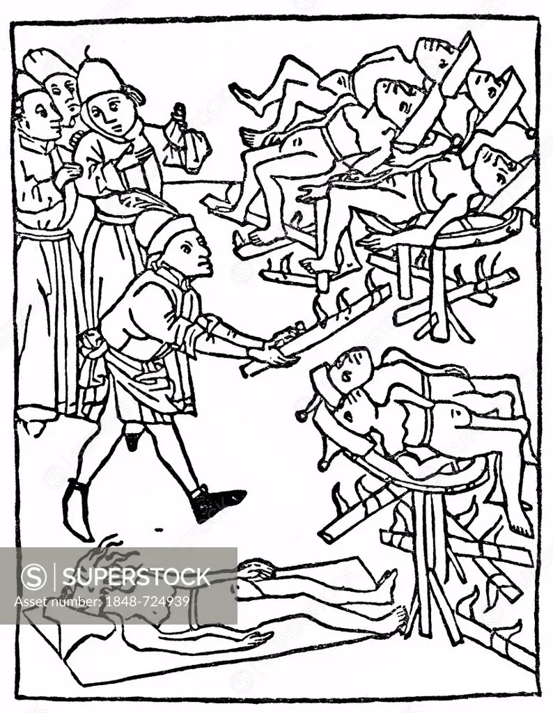 Historical illustration from the 19th century, torture of the Jews, wearing Jewish hats, after a woodcut from 1475, example of Christian anti-Judaism ...