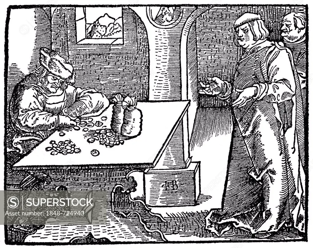 Historical illustration from the 19th century, moneylender and usurer in the 16th century