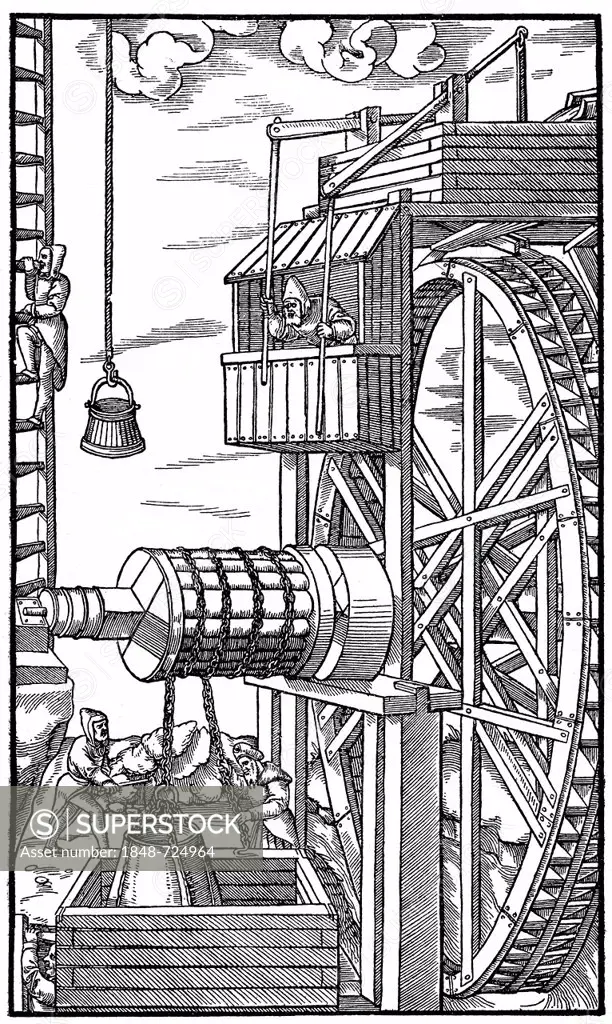 Historical illustration from the 19th Century, mining operations in the 16th Century