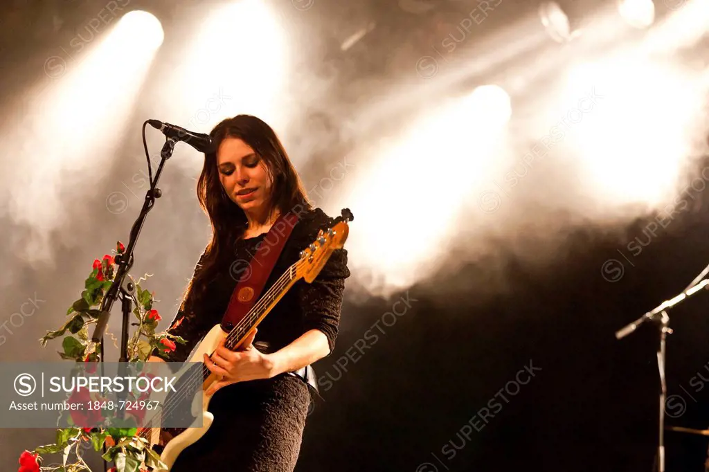 Muriel Rhyner, singer and bassist of the Swiss band Delilah, performing live in the Schueuer concert hall, Lucerne, Switzerland, Europe