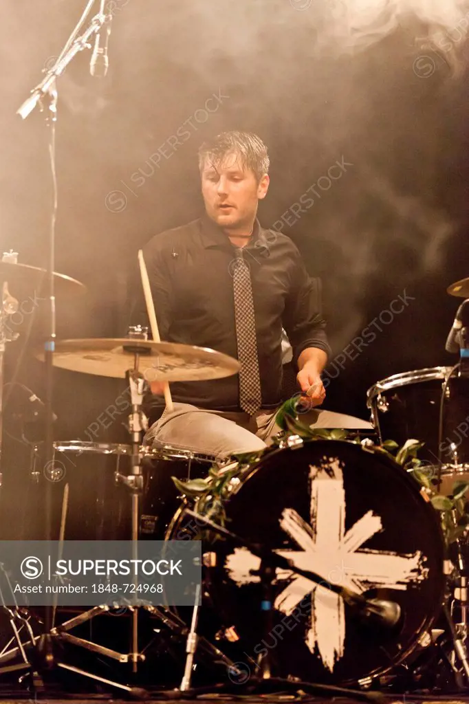 Daniel Fischer, drummer of the Swiss band Delilah, performing live in the Schueuer concert hall, Lucerne, Switzerland, Europe
