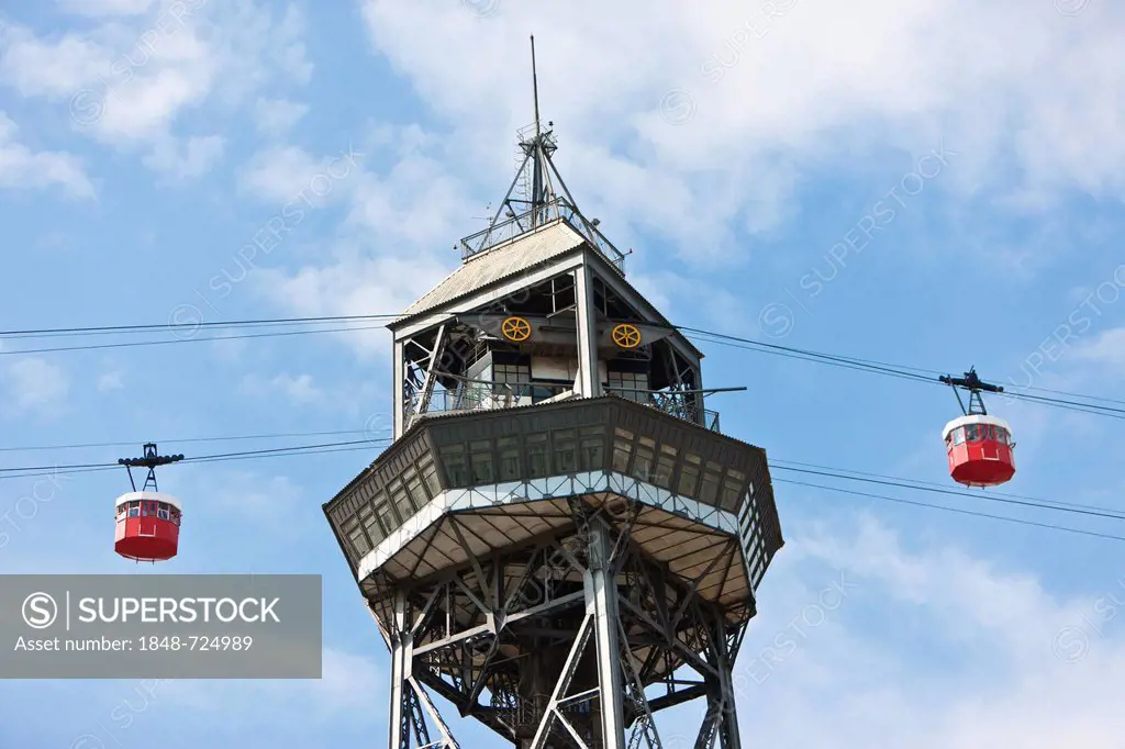Tower of Torre de Sant Jaume I, station of the cable cars from the port to the hill of Montjuic, Barcelona, Catalonia, Spain, Europe, PublicGround