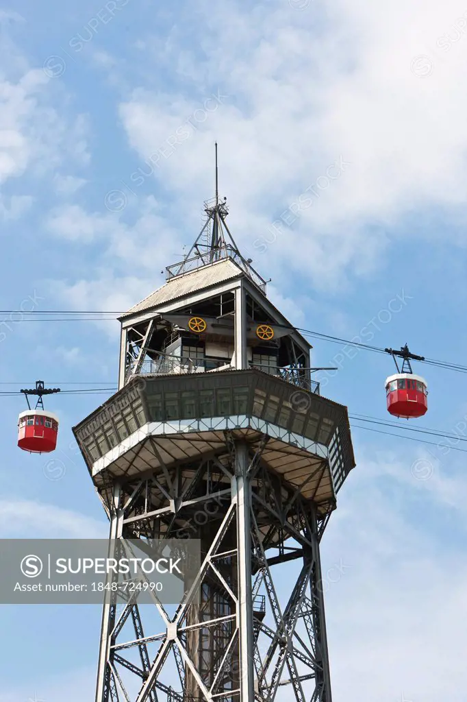 Tower of Torre de Sant Jaume I, station of the cable cars from the port to the hill of Montjuic, Barcelona, Catalonia, Spain, Europe, PublicGround