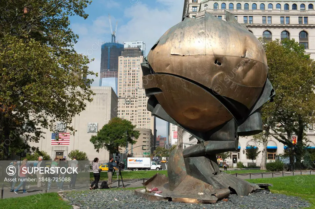 9-11 memorial, The Sphere bronze sculpture damaged during the attacks of the World Trade Center, Battery Park, New York City, USA, North America, Amer...