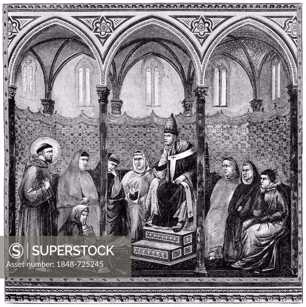 Historical illustration from the 19th Century, Saint Francis preaching in front of Pope Honorius III or Cencio Savelli, 1148 - 1227, after a painting ...