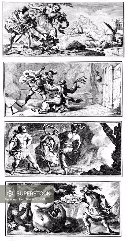 Historical illustration from the 19th century, 4 images from Ricciardetto by Niccolò Forteguerri, 1674-1735, an Italian cardinal
