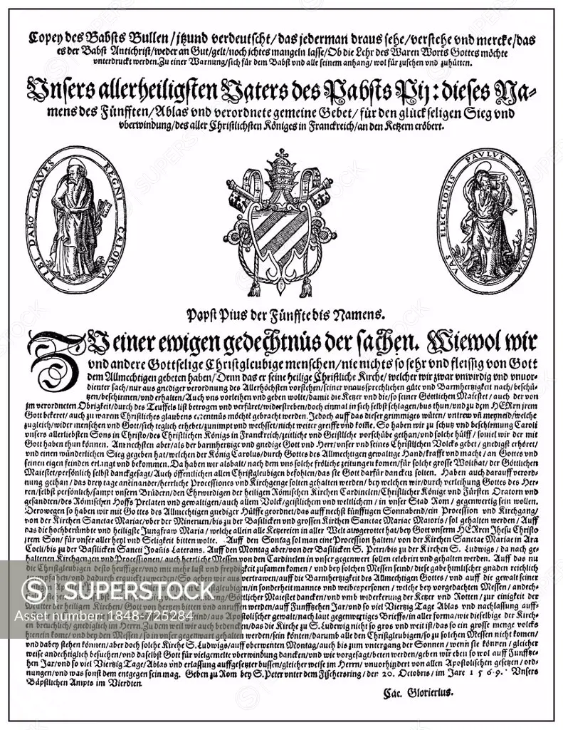Papal bull Hebraeorum Gens from 1569 for expulsion of the Jews, Pope Pius V or Antonio Michele Ghislieri, 1504-1572