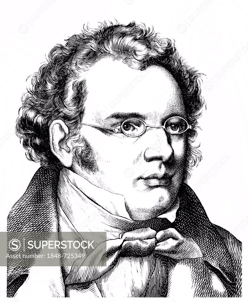 Historical illustration from the 19th century, portrait of Franz Peter Schubert, 1797 - 1828, an Austrian composer