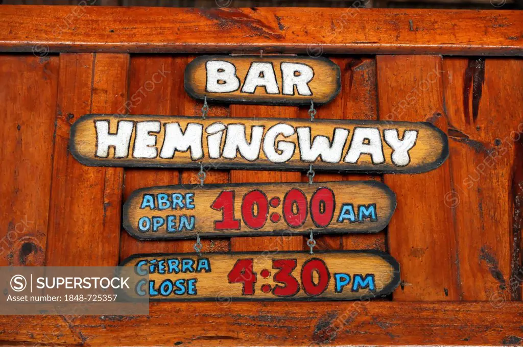 Hemingway Bar, sign on a beach bar, Playa Pila, Cayo Coco, Cuba, Greater Antilles, Caribbean, Central America, America