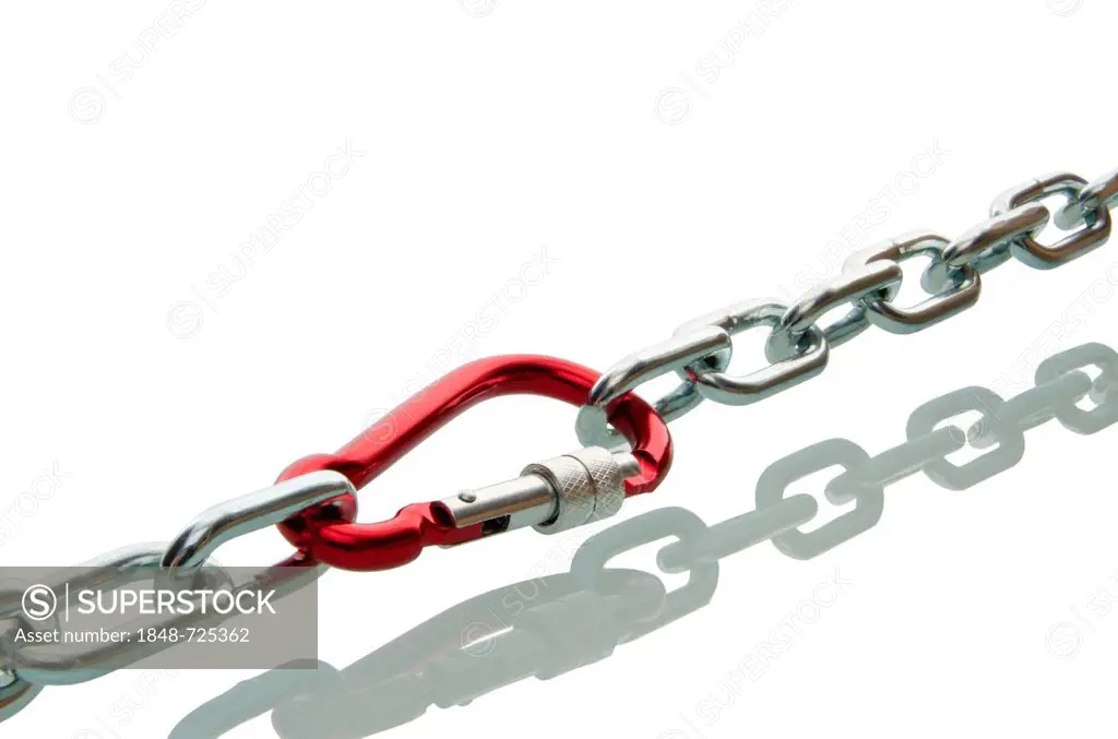 Carabiner between two stretched chains, symbolic image of cohesion, team and strong connections
