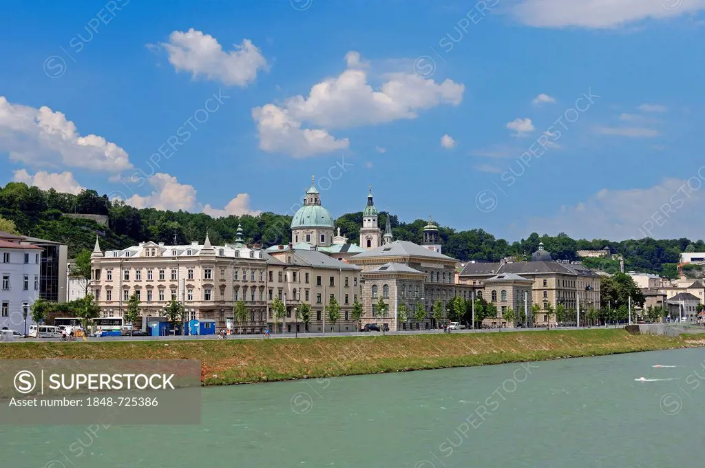 View over the Salzach River towards the historic town centre of Salzburg, Austria, Europe